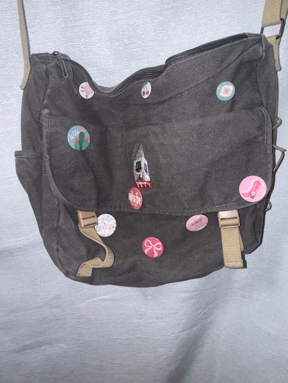 Gray Canvas Messenger Bag with Decorative Pins - Picture 2 of 3